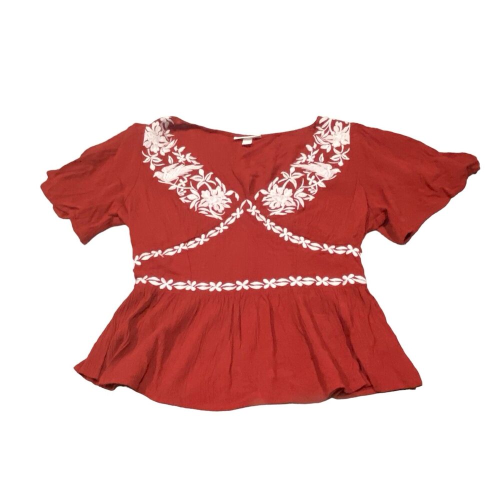 Knox Rose Embroidered V-Neck Short Sleeve‎ Top 100% Rayon Women's Size Small